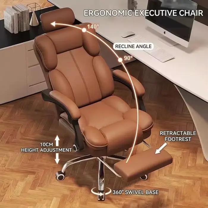 Chaise de bureau ergonomique de luxe à dossier haut en cuir PU avec appui-tête