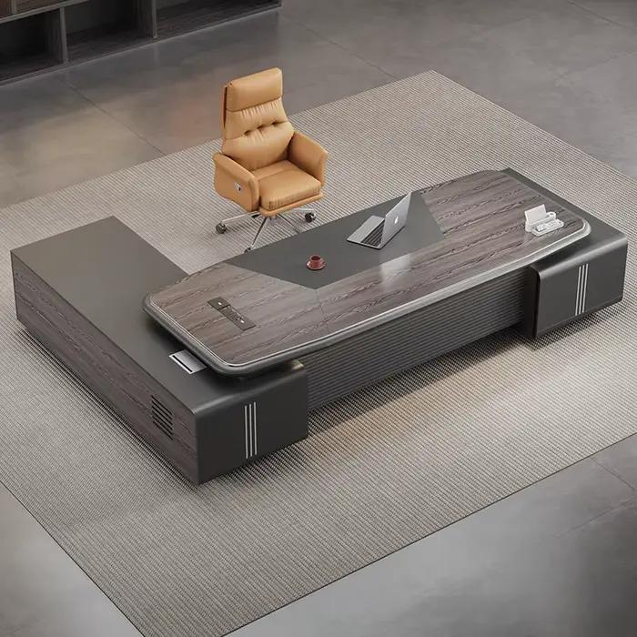 Bureau de direction électrique à double moteur réglable en hauteur pour PDG et managers mobilier de bureau moderne avec armoire intégrée et finitions en bois diverses couleurs