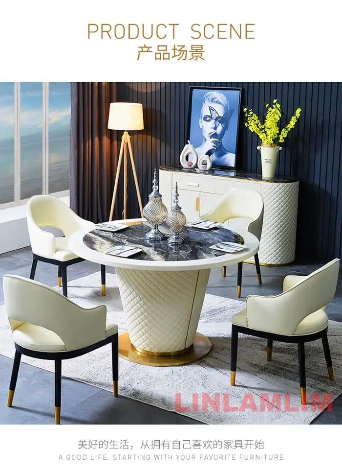 Ensemble de table à manger moderne 7 pièces pour 6 personnes, table à manger ronde en marbre avec 6 chaises rembourrées en cuir véritable, cuisine salle à manger