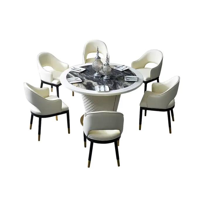 Ensemble de table à manger moderne 7 pièces pour 6 personnes, table à manger ronde en marbre avec 6 chaises rembourrées en cuir véritable, cuisine salle à manger