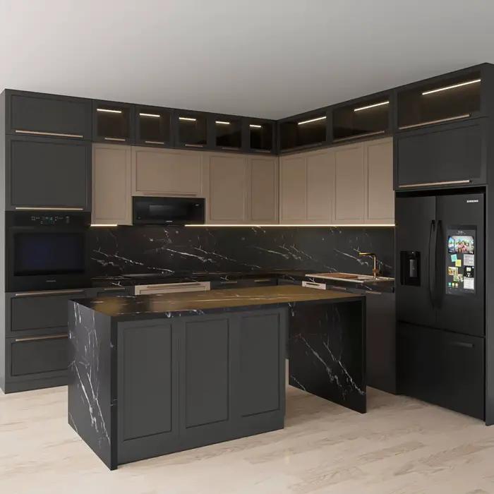 Armoire de cuisine en bois massif avec évier intégré et finition en PVC pour un design luxueux et une utilisation pratique en cuisine