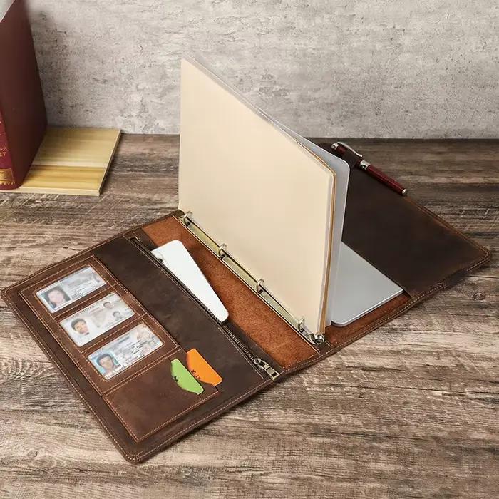 ORGANIZER de cahier de couverture de classeur A4 en cuir de cheval fous VINTAGE avec porte-carte-portefeuille de bureau