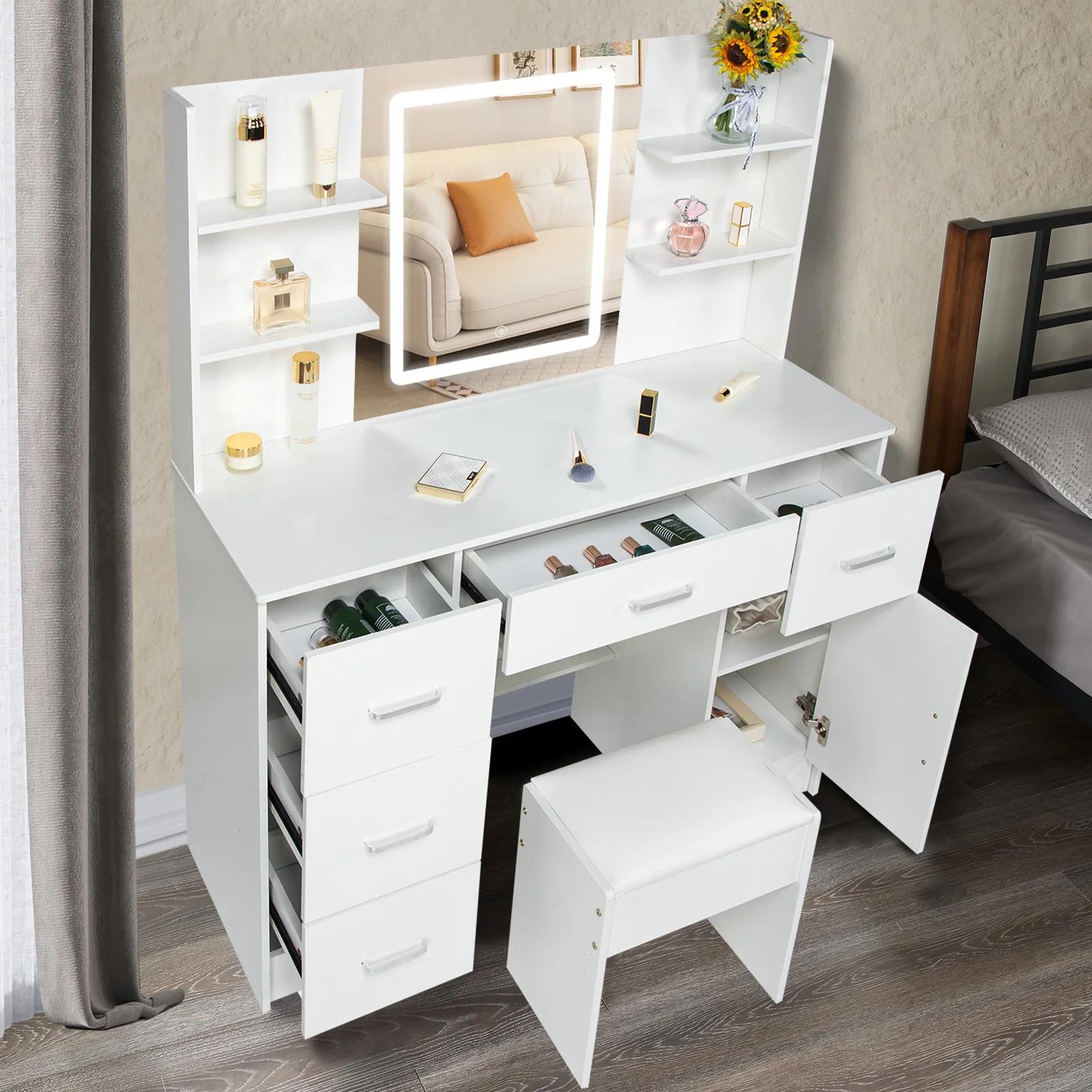 Table de maquillage avec égouts de proximité, ensemble de bureau de vanité avec étagères, commode et