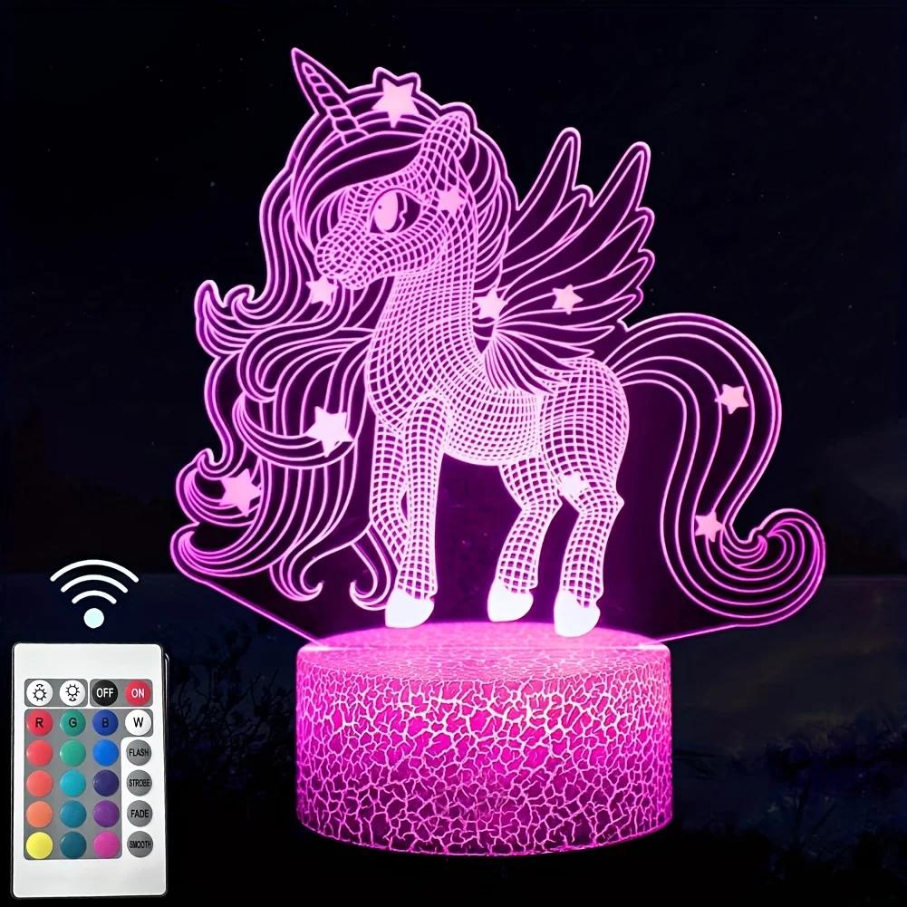 Veilleuse 3D poney mignonne, avec toucher et télécommande, lumière ambiante à 16 couleurs changeante