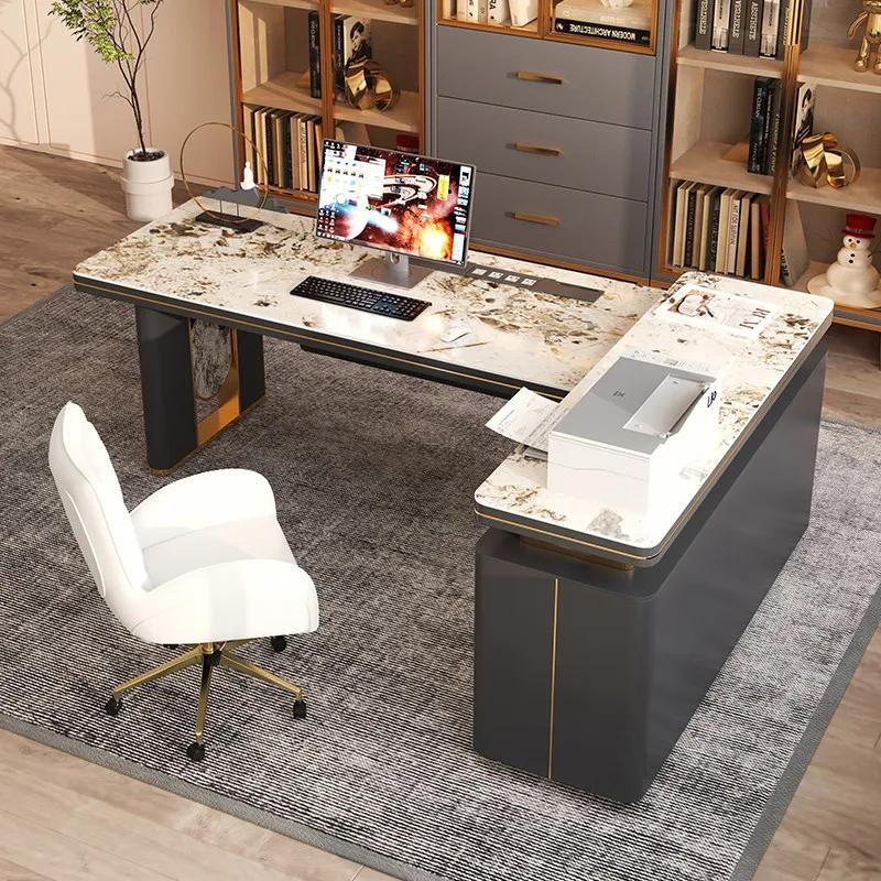 Bureau d'angle en L de luxe avec plateau en pierre frittée Pandora, bureau de direction moderne pour