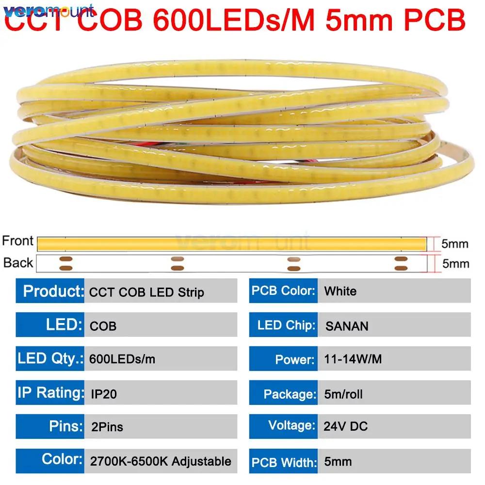 Bande LED COB CCT à Intensité Variable pour Touriste, Ruban Linéaire Flexible, Haute Densité, 3 Fils