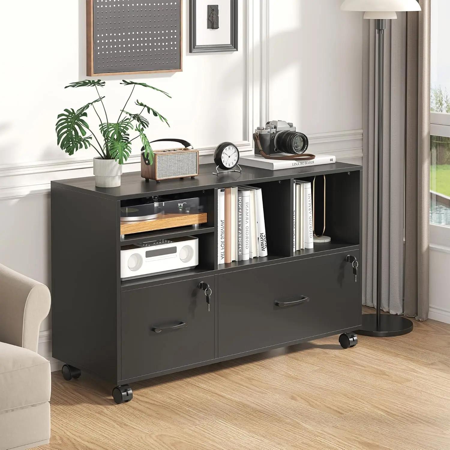 Armoire à dossiers latérale en bois à 2 tiroirs avec serrure, étagères réglables sur roulettes, supp
