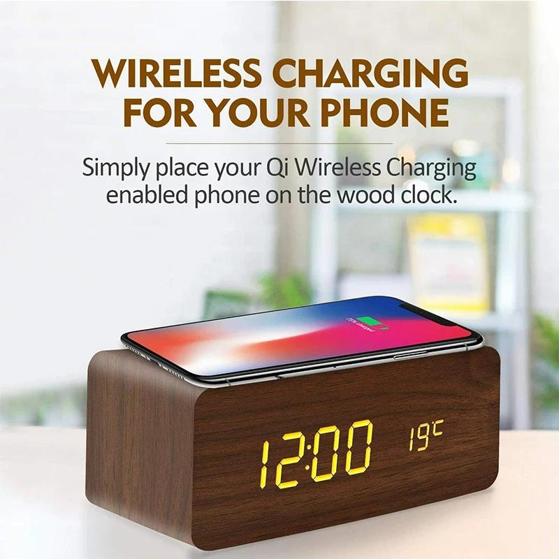 Réveil numérique en bois avec chargement sans fil, horloge LED avec heure, Date, température, horlog