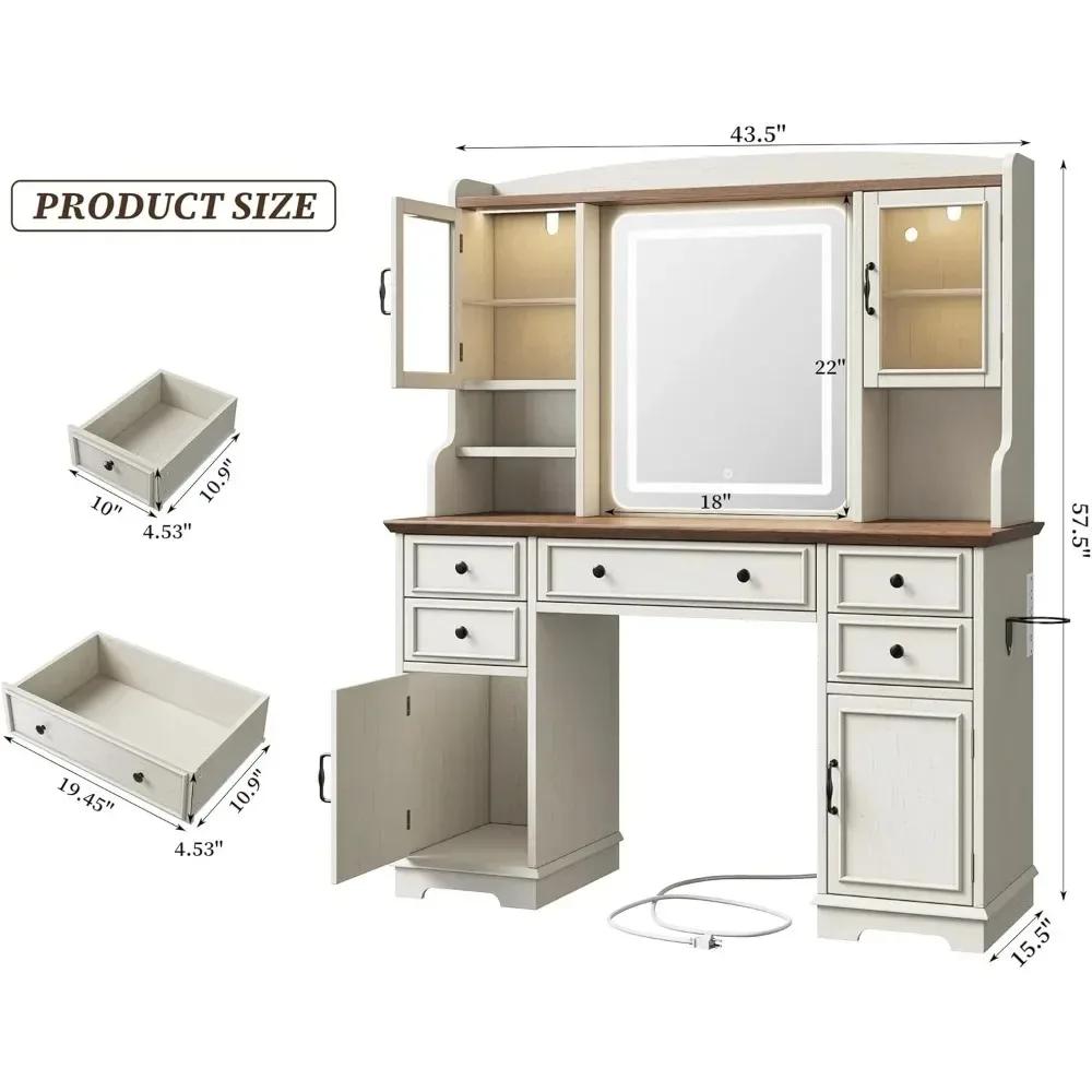 Table de toilette de style campagnard avec miroir éclairé par LED, table de maquillage avec rangemen