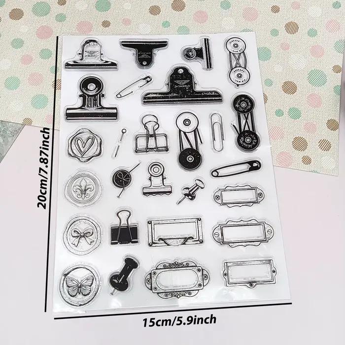 Clips de bureau vintage, tampons transparents rétro, pinces à papier, épingles de sûreté, tampons tr