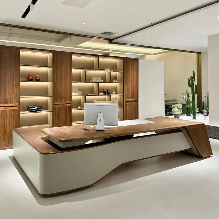 Bureau en bois dur style nouveau chinois l-shape moderne avec quatre tiroirs intégrés pour espace de travail élégant et personnalisable