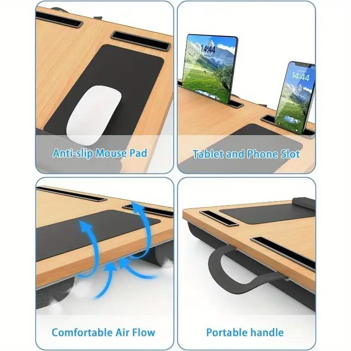 Table pour ordinateur portable avec tapis de souris, emplacements pour tablette et téléphone, poignée portable, adaptée à une utilisation en extérieur et en voiture comme bureau
