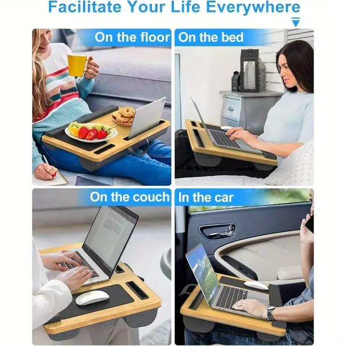 Table pour ordinateur portable avec tapis de souris, emplacements pour tablette et téléphone, poignée portable, adaptée à une utilisation en extérieur et en voiture comme bureau