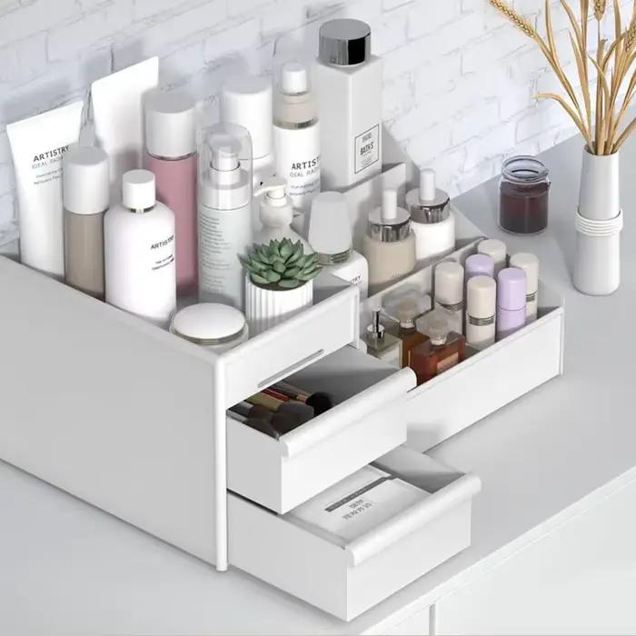 Boîte de rangement de cosmétiques à tiroirs pour bureau et coiffeuse en plastique, rangement de produits de soins personnels, organisation de bureau et chambre, boîte de papeterie de bureau multifonctionnelle
