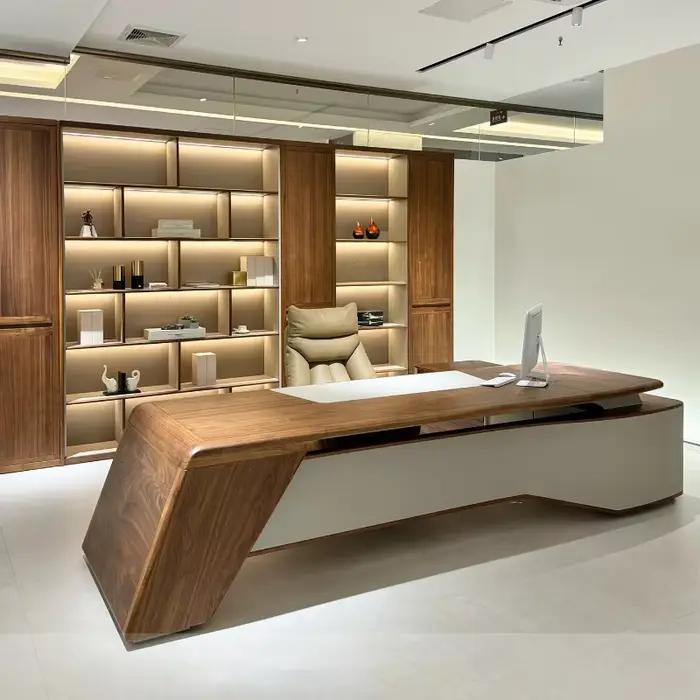 Bureau en bois dur style nouveau chinois l-shape moderne avec quatre tiroirs intégrés pour espace de travail élégant et personnalisable