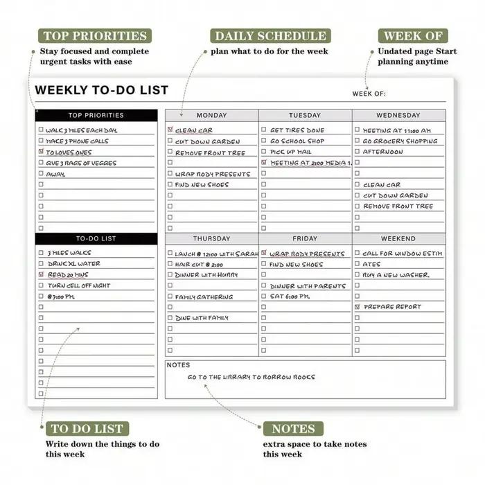 Bloc-notes de liste de tâches hebdomadaires 11 x 8