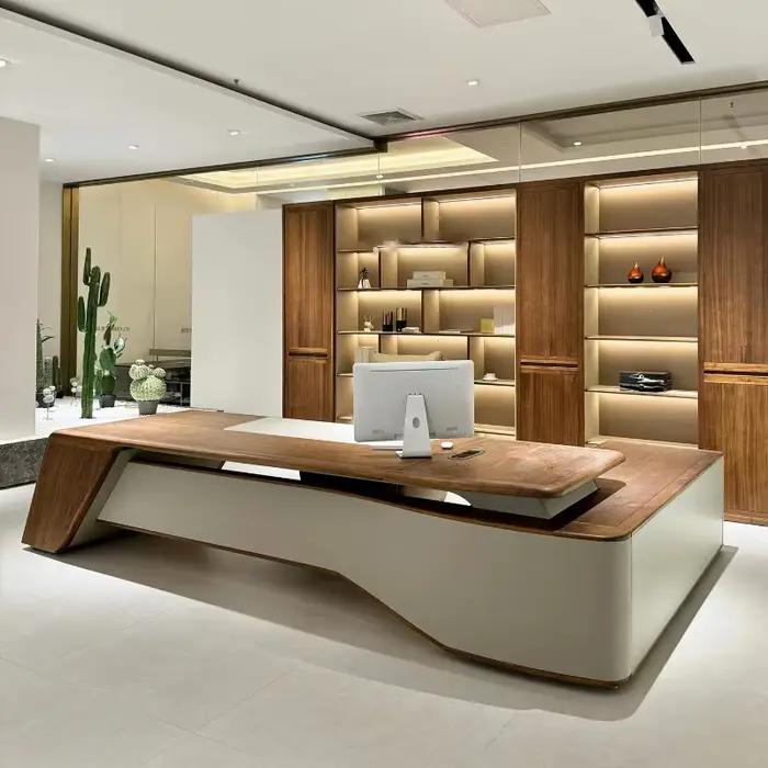 Bureau en bois dur style nouveau chinois l-shape moderne avec quatre tiroirs intégrés pour espace de travail élégant et personnalisable