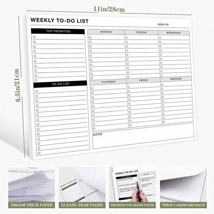 Bloc-notes de liste de tâches hebdomadaires 11 x 8