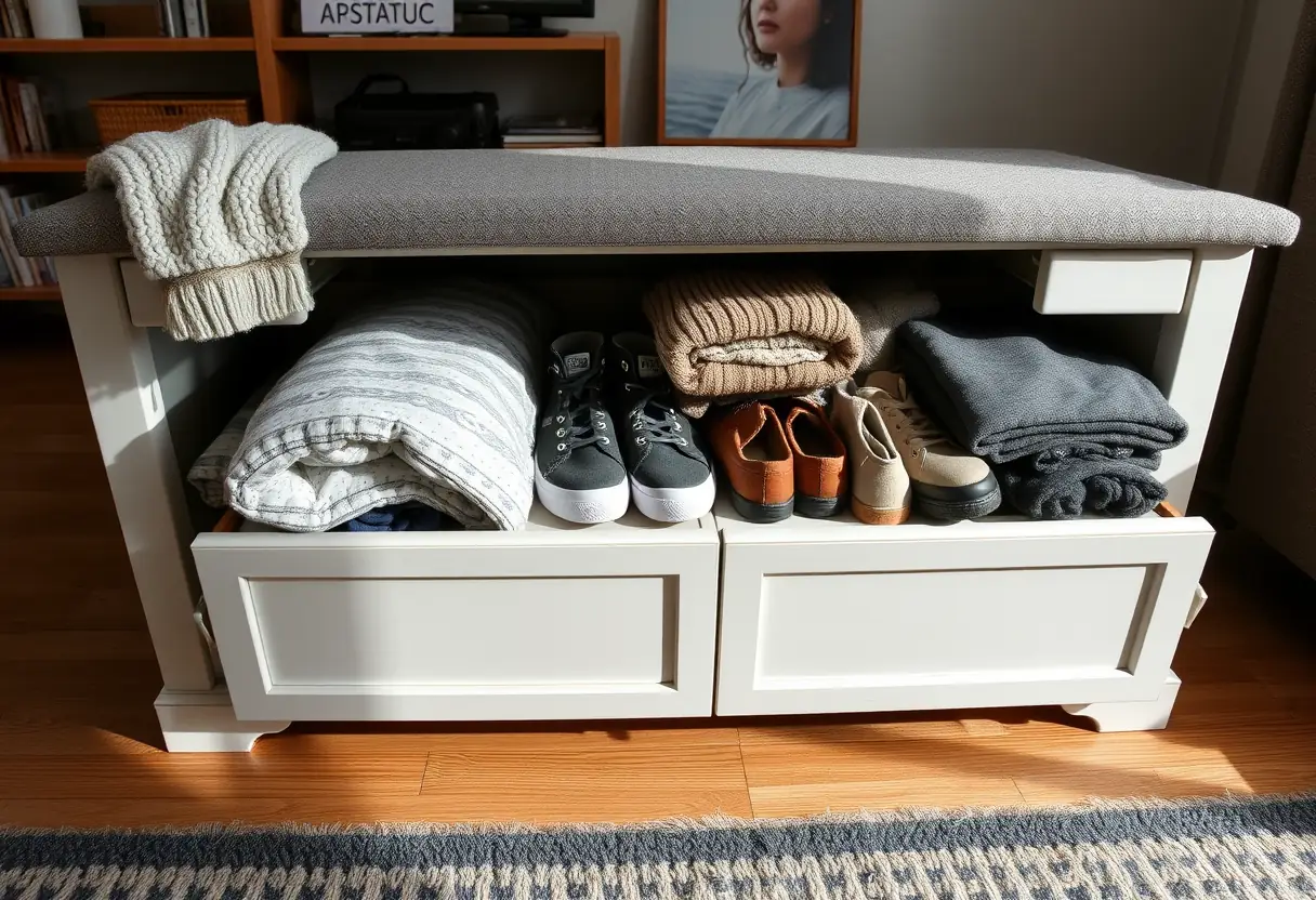 Banc de rangement dans un salon avec chaussures et couvertures rangées