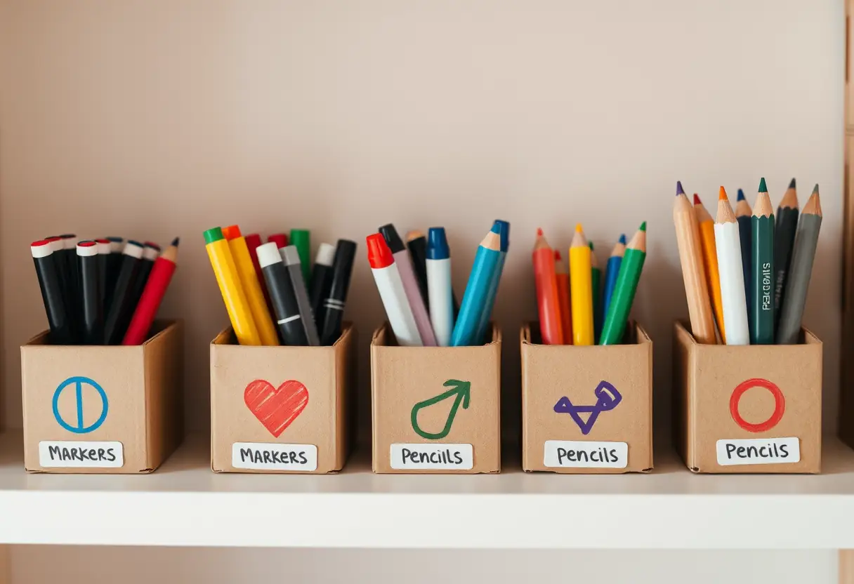 Des petits cartons carrés alignés sur une étagère contenant des marqueurs et des crayons de différentes couleurs