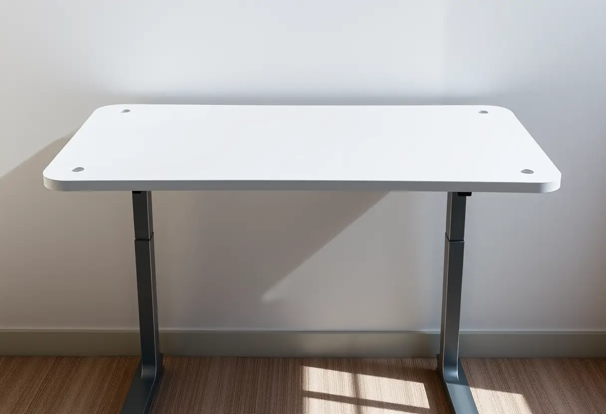 Un bureau debout avec surface plate et des trous pour gérer les câbles, mis en valeur par une lumière naturelle.