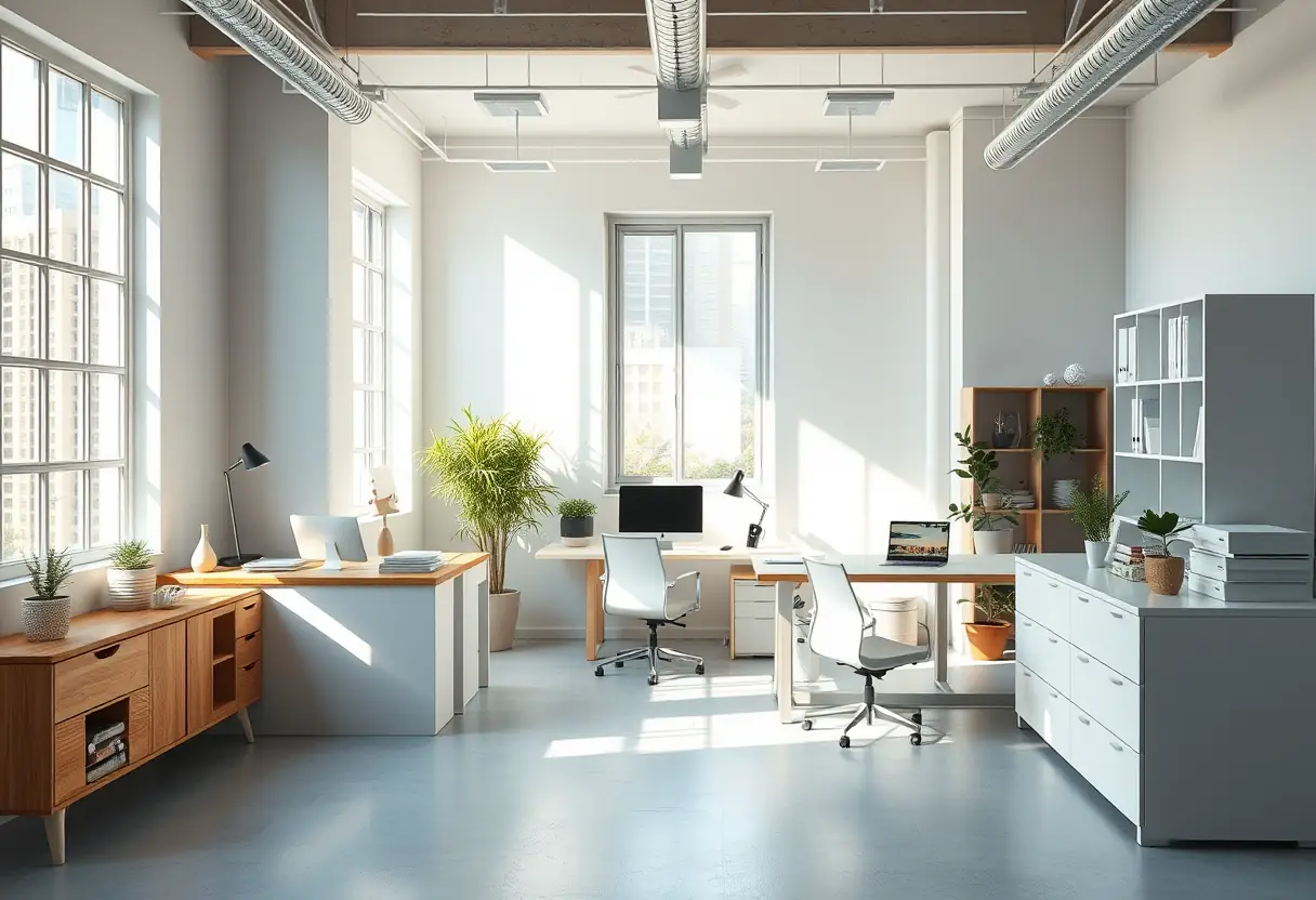 Un espace de travail avec de la lumière naturelle et des meubles en bois et blanc