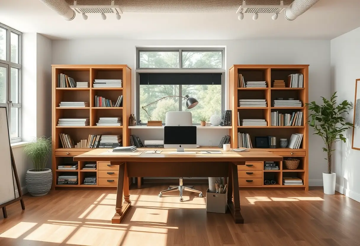 Un bureau moderne avec des étagères intégrées pleines d'outils de dessin