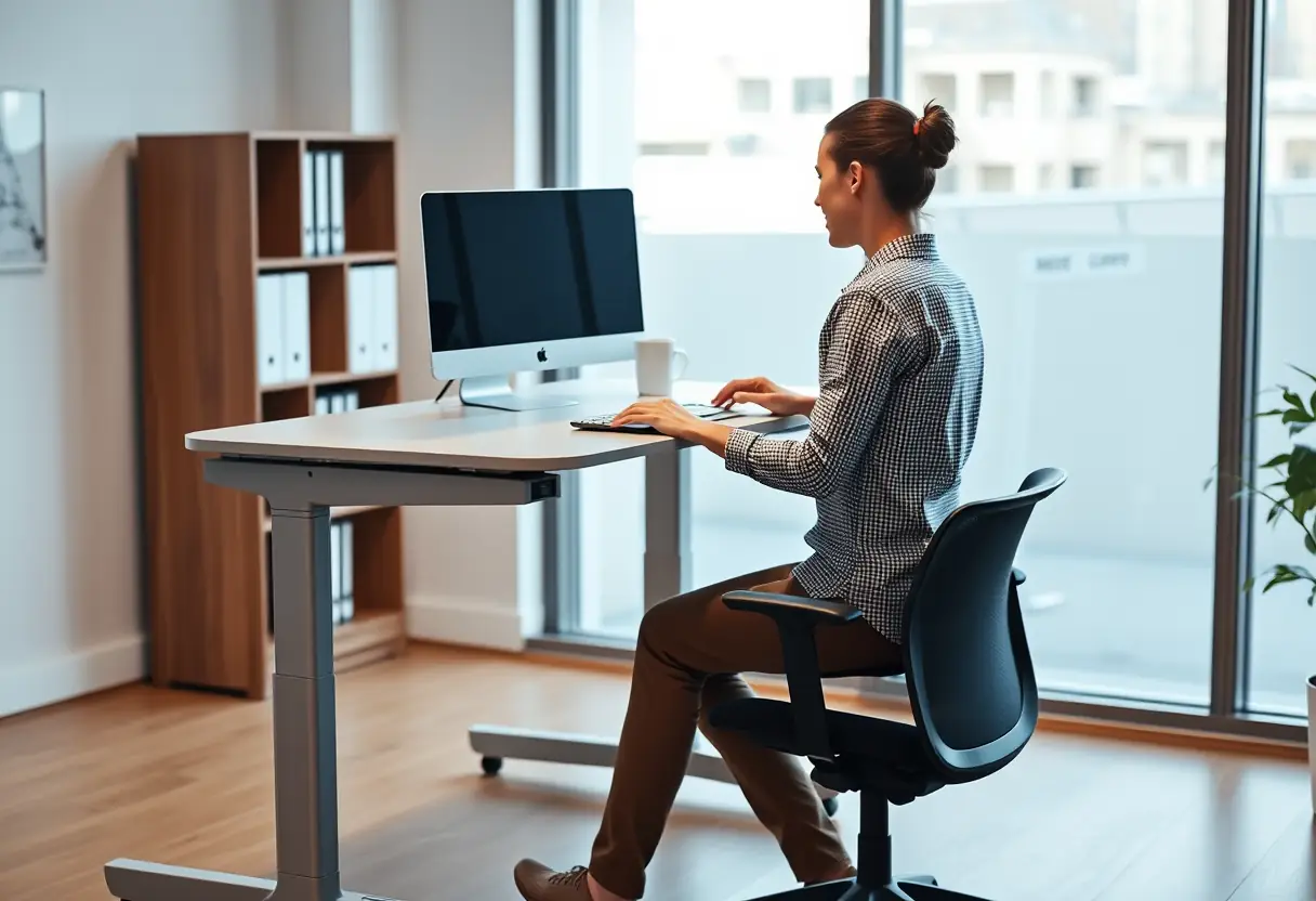 Bureau électrique en train de se régler entre mode assis et debout