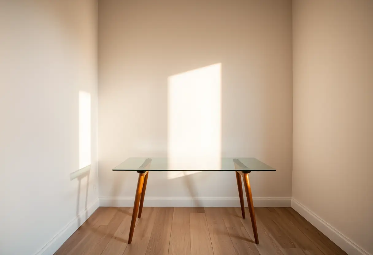 Bureau en verre avec pieds en bois dans un coin