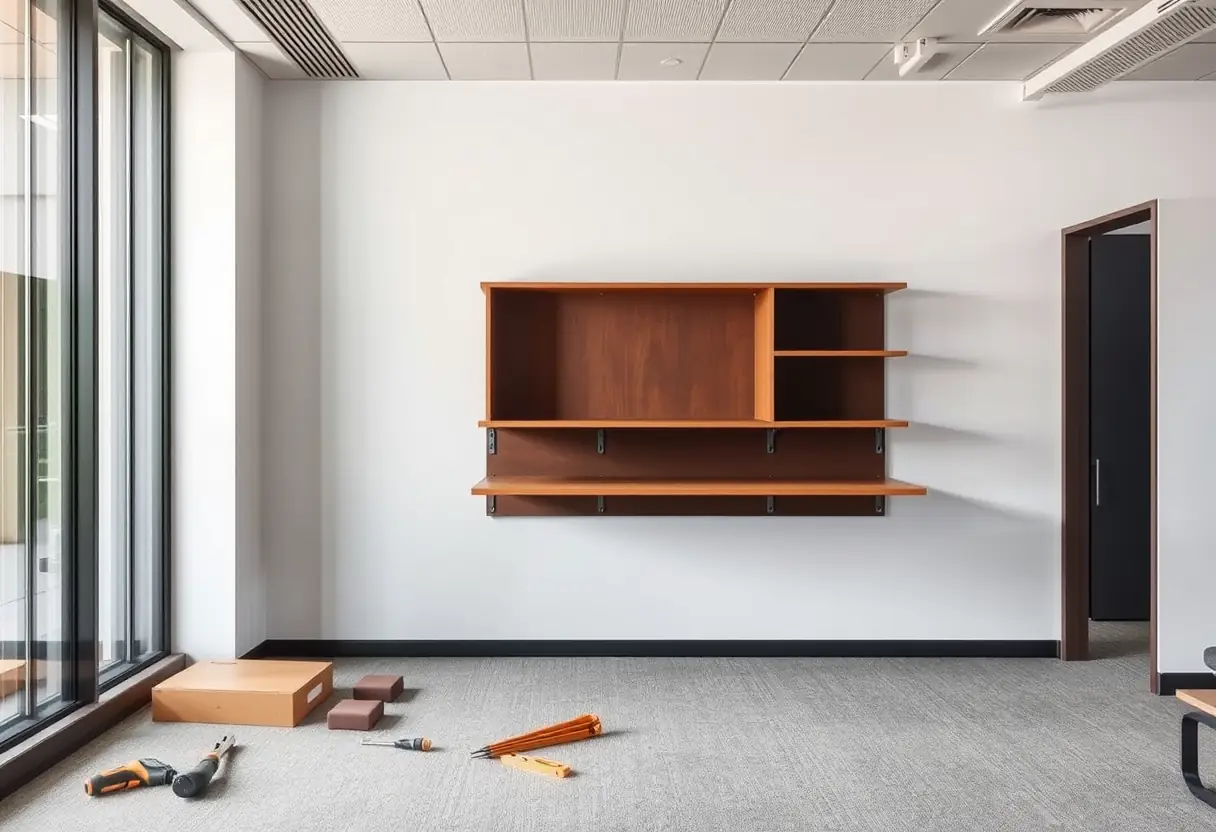 Bureau mural partiellement monté dans un espace de travail moderne avec outils près