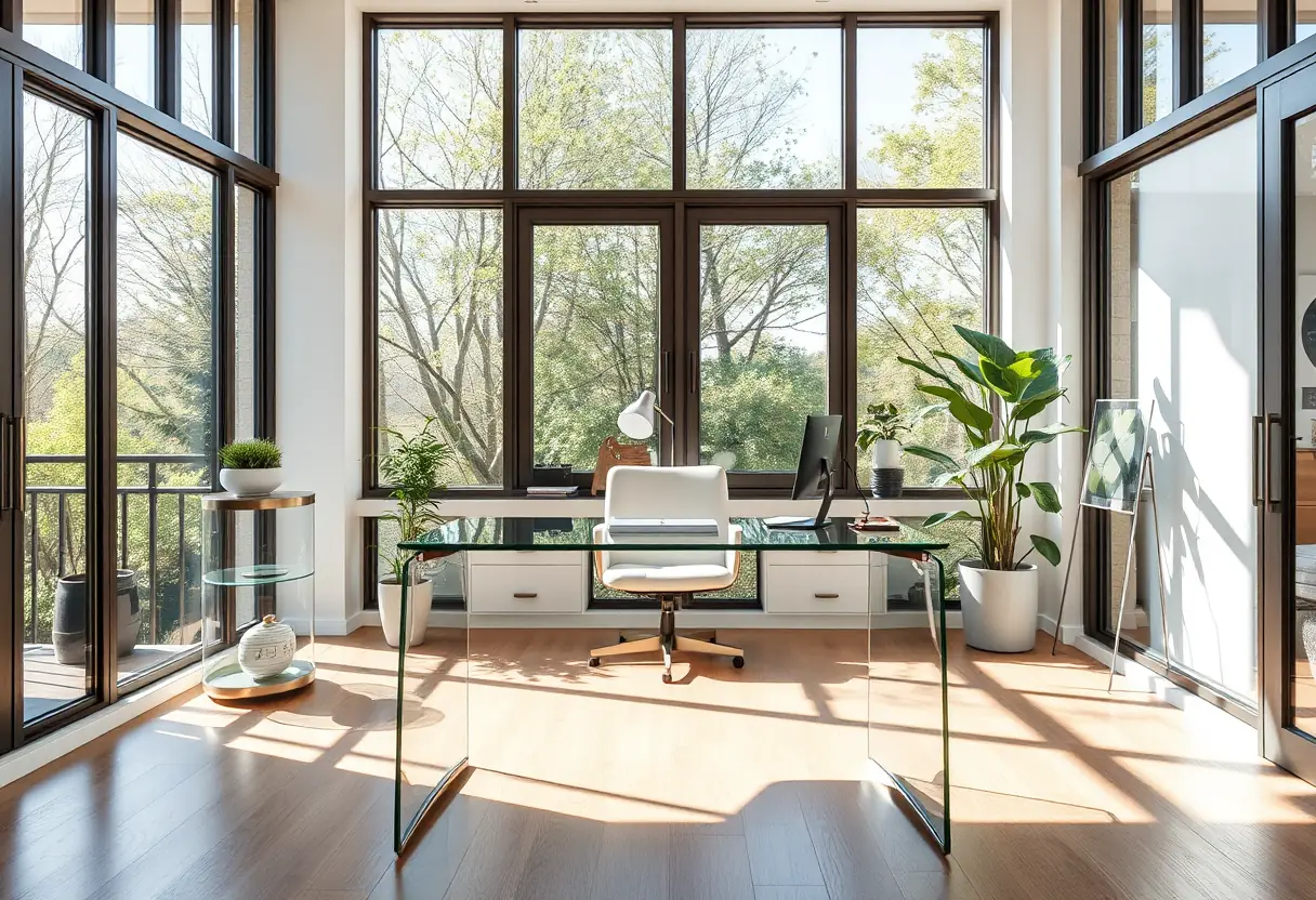 Bureau ovale en verre dans un bureau moderne baigné de lumière naturelle