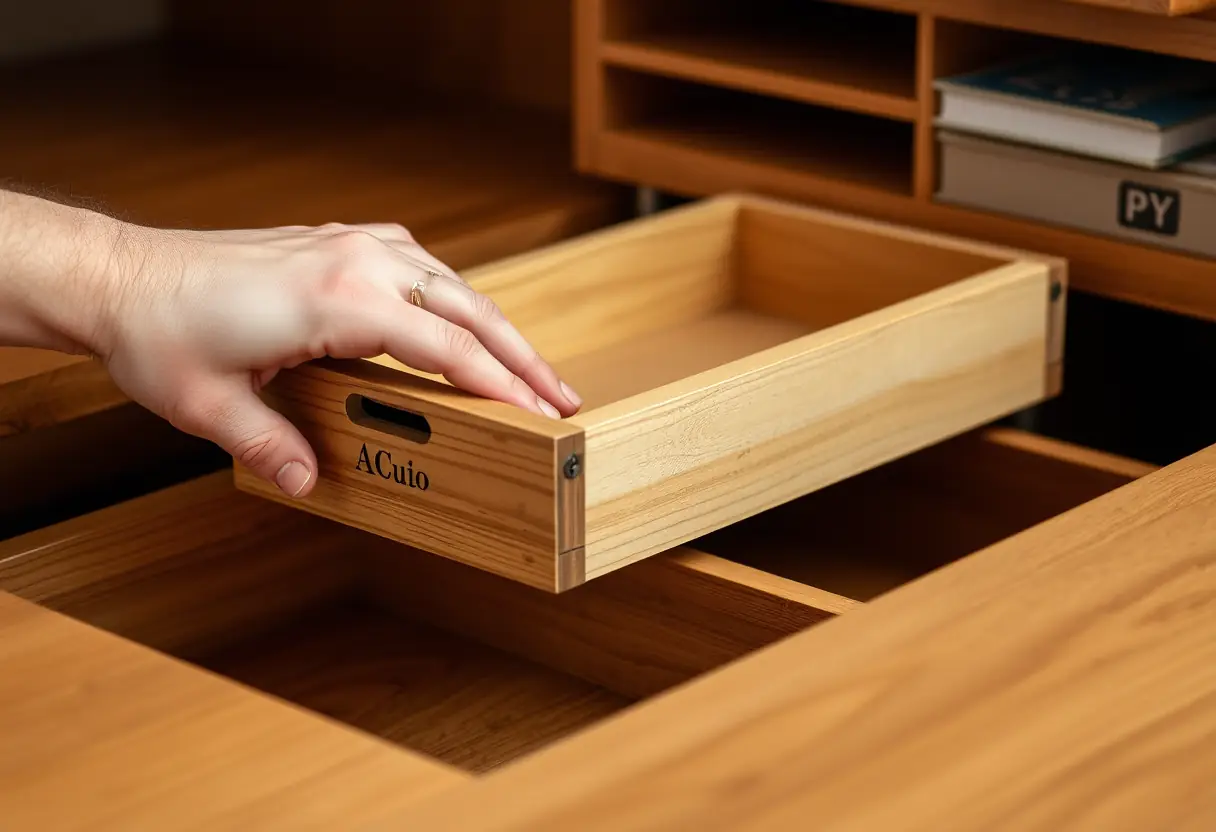Une main qui range des affaires dans un tiroir de bureau en bois
