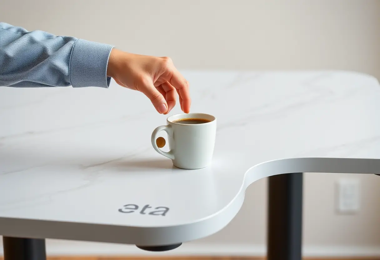 Une main posant une tasse de café sur un bureau debout personnalisé