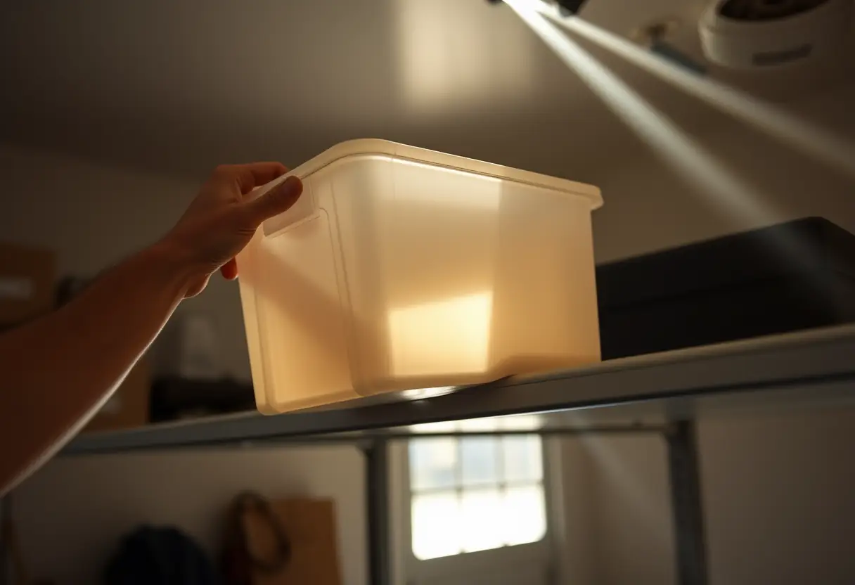 Une main soulevant une boîte en plastique légère dans un garage