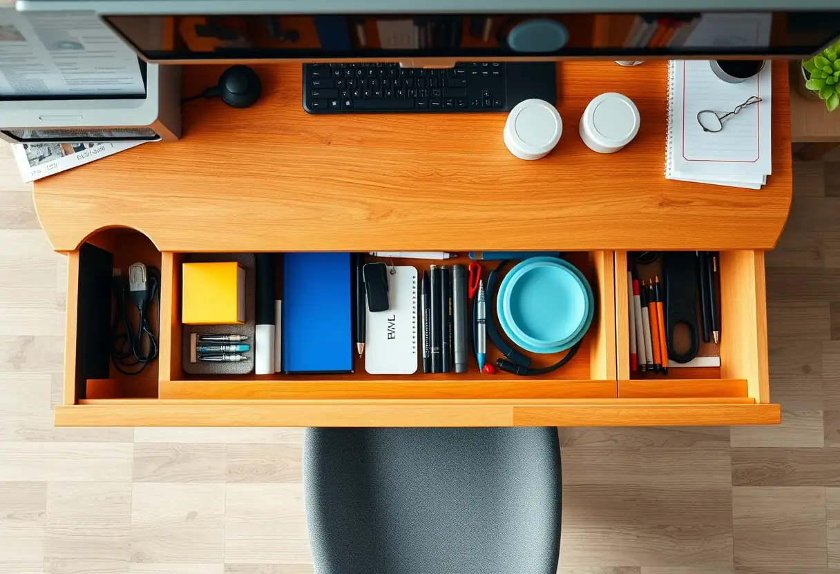 Vue d'ensemble d'un bureau avec un coffre à tiroirs bien organisé, texte alternatif en français