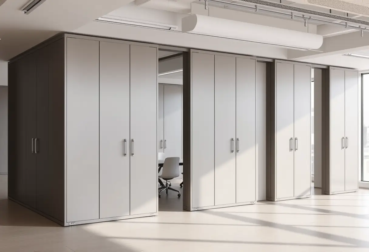 Des panneaux modulaires en acier peints organisent un espace de réunion dans un bureau professionnel