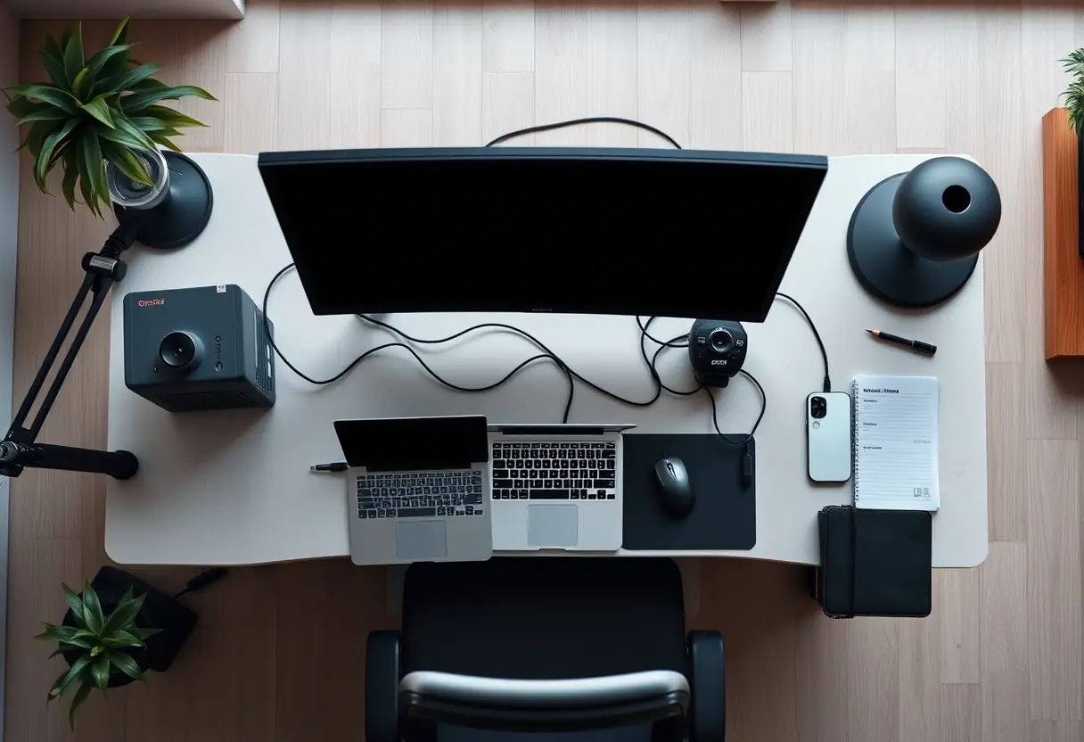 Vue aérienne d'un bureau gaming bien organisé