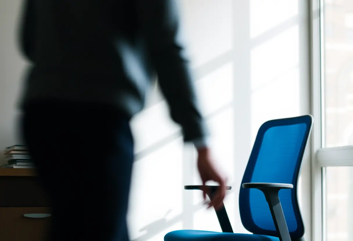 Un silhouette floue près d'une chaise de bureau bleue, soulignant une ambiance apaisante