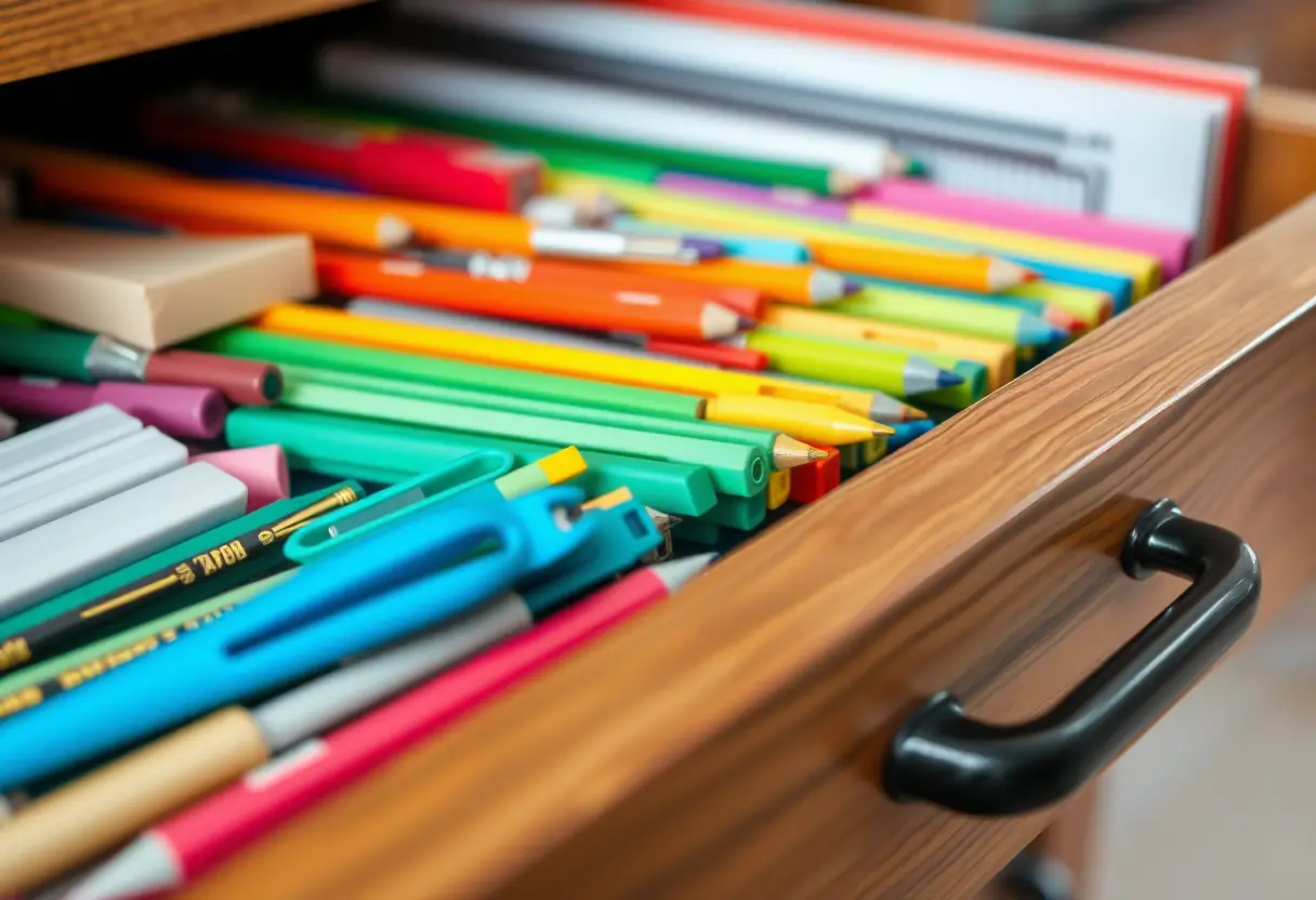 Un plan rapproché d'un tiroir en bois rempli d'articles de bureau colorés pour souligner l'organisation