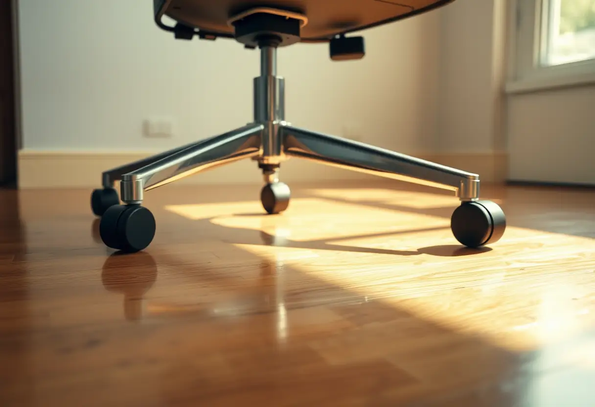 Roues d'un fauteuil de bureau ajustable roulant sur un plancher en bois poli