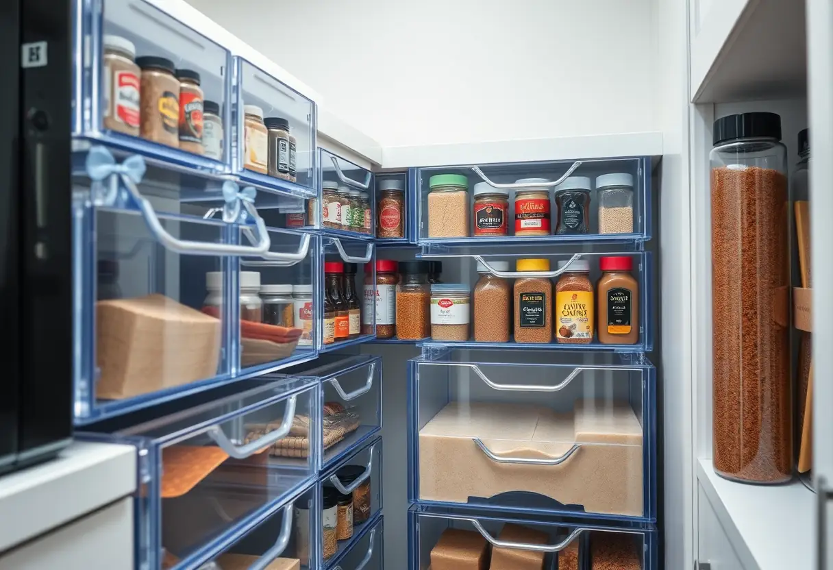 Étagère de cuisine organisée avec des tiroirs en plastique transparent remplis d'épices
