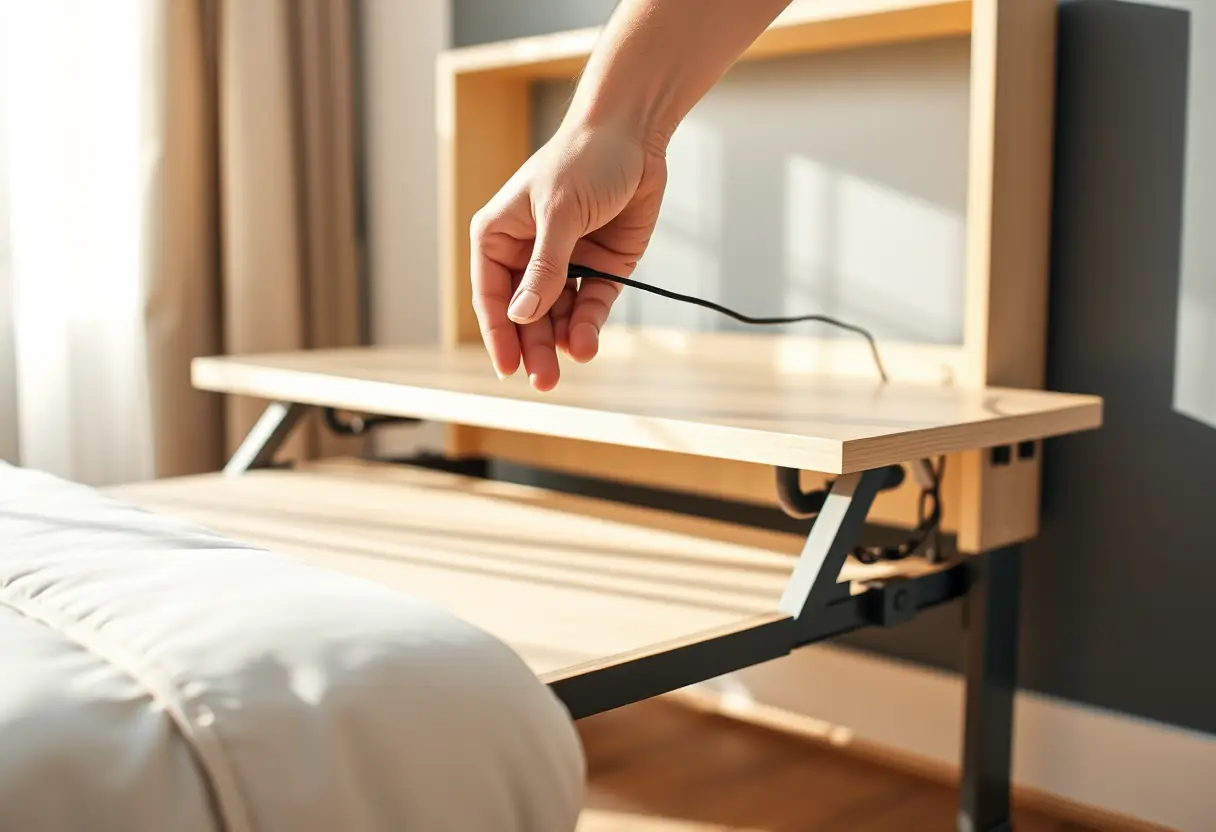 Une main tirant doucement sur le cordon pour activer le mécanisme électrique d'un lit-bureau escamotable
