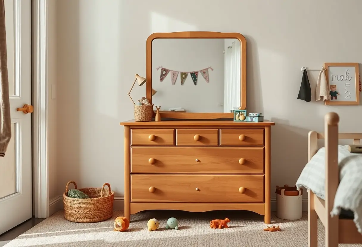 Un meuble de rangement avec miroir et jouets sur le plancher