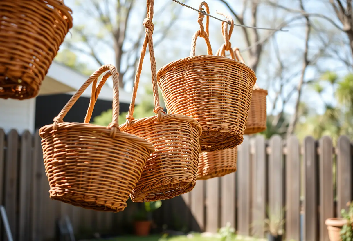 Des paniers d'osier accrochés à une corde à linge