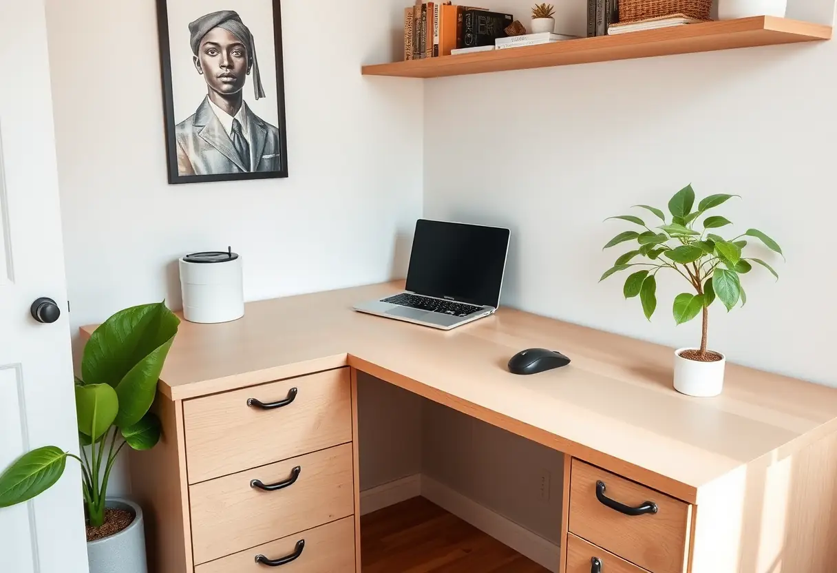 Un petit bureau d'angle dans un bureau de maison avec un ordinateur portable