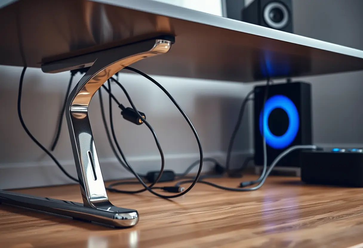 Piètement latéral chromé sous un bureau de jeu moderne