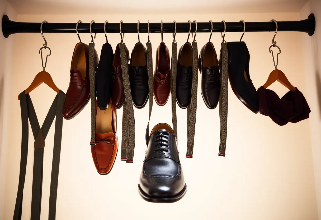 Cintres suspendus avec des chaussures dans un placard