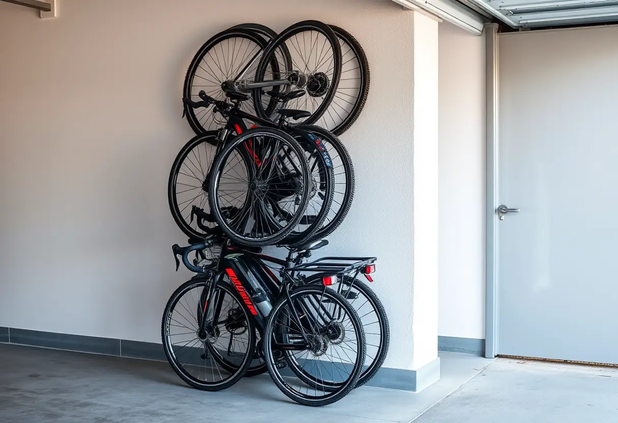 Des vélos pliés soigneusement contre un mur dans un garage