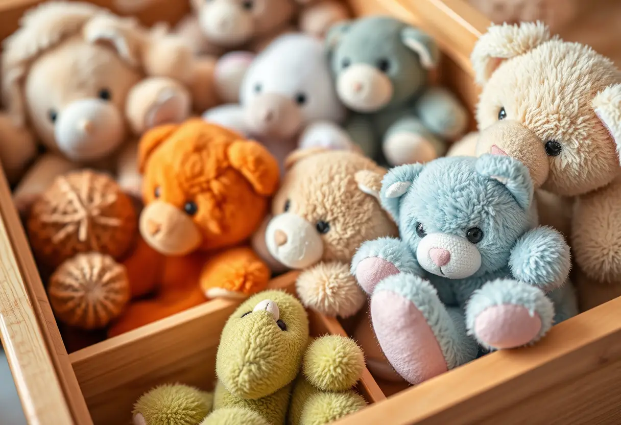 Tiroir en bois avec compartiments contenant des peluches classées par couleur et taille