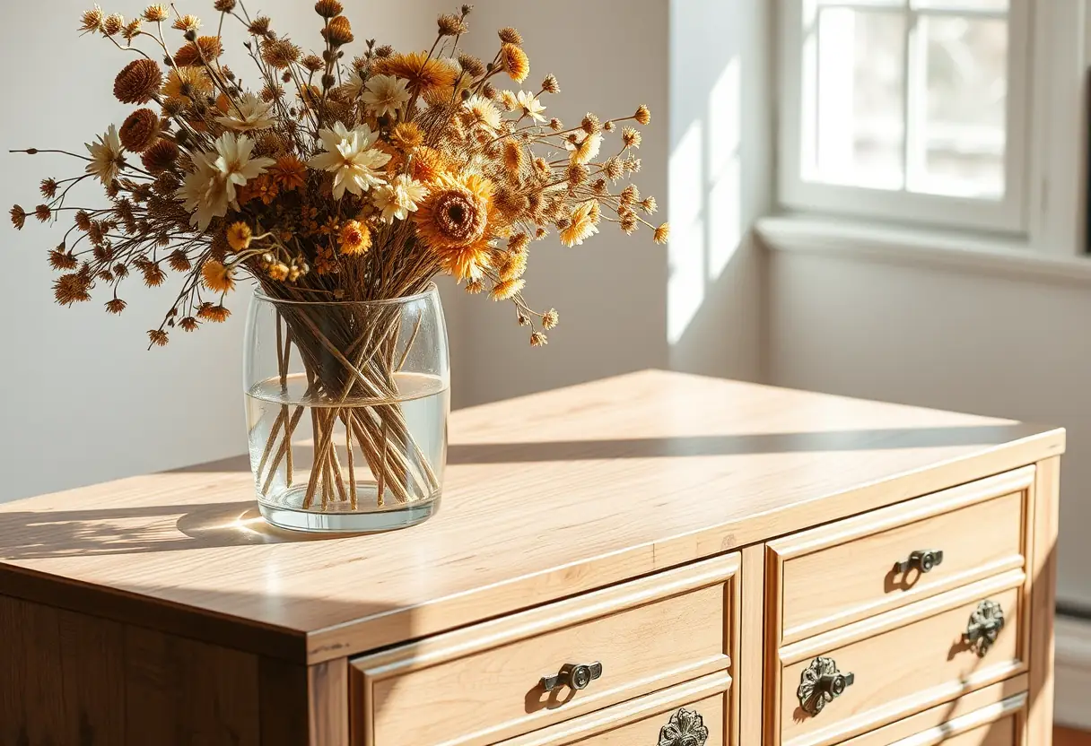 Vase rempli de fleurs sèches posé sur une table avec tiroirs